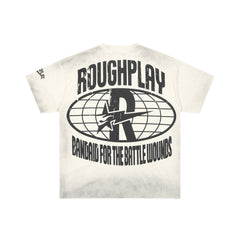 Roughplay Vintage Cartoon Rabbit Globe Logo Double‑Sided Distressed Tee