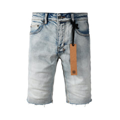 Purple Jeans Men Streetwear Denim Shorts Light Blue Washed with Raw Hem and Graphic Patch Back Pocket 2001