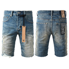 Purple Jeans Men Streetwear Denim Shorts Blue Washed with Ripped Detail Raw Hem and Graphic Patch 2002