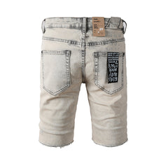 Purple Jeans Men's Washed Beige Denim Shorts with Frayed Hem, Graphic Back Patch, and Urban Streetwear Detailing 2008