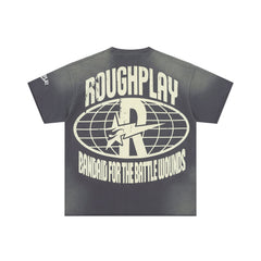 Roughplay Stay Young Wild Split Skull‑Portrait Circular Badge Distressed Tee