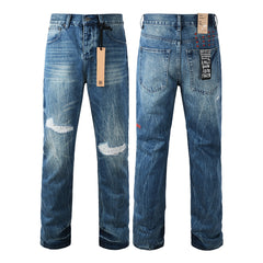 Purple Men Streetwear Jeans Vintage Blue Washed with Knee Repair Details and Graphic Back Pocket Patch 3039