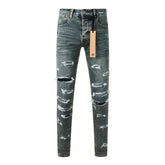 Purple JeansMen’s Dark Blue Heavy Ripped Skinny Jeans with Extreme Distressing and Back Graphic Patch for Street Style 3049