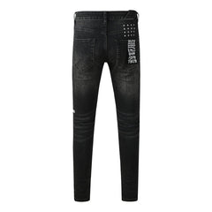 Purple Jeans Mens Skinny Black Jeans with Ripped Embroidery and Printed Back Pocket Streetwear Style 3052