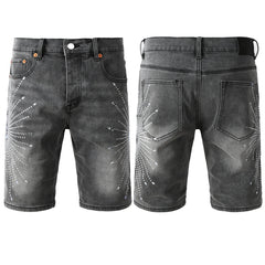 Purple jeans Men’s Grey Washed Denim Shorts with Sparkling Studded Sunburst Design Streetwear Fashion Style 5094