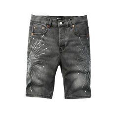 Purple jeans Men’s Grey Washed Denim Shorts with Sparkling Studded Sunburst Design Streetwear Fashion Style 5094