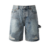 Purple Jeans Mens Light Blue Rhinestone Denim Cargo Shorts Distressed Multi Pocket Streetwear Style 5097