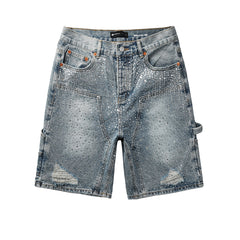 Purple Jeans Mens Light Blue Rhinestone Denim Cargo Shorts Distressed Multi Pocket Streetwear Style 5097