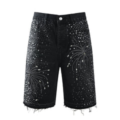 Purple Jeans Men’s Black Rhinestone Denim Shorts with Firework Crystal Design 5103