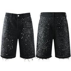 Purple Jeans Men’s Black Rhinestone Denim Shorts with Firework Crystal Design 5103