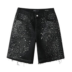 Purple Jeans Men’s Black Rhinestone Denim Shorts with Firework Crystal Design 5103