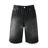 Purple Jeans Men’s Black Denim Shorts with Radiating Studded Stripe Design Raw Hem Streetwear Style 5104