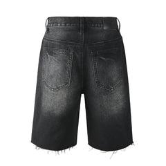 Purple Jeans Men’s Black Denim Shorts with Radiating Studded Stripe Design Raw Hem Streetwear Style 5104