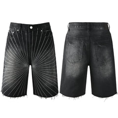 Purple Jeans Men’s Black Denim Shorts with Radiating Studded Stripe Design Raw Hem Streetwear Style 5104