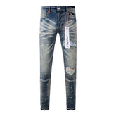 Purple Men Streetwear Jeans Distressed Blue Patch Paint Skinny Fit 9025