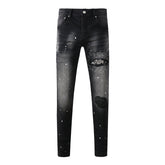 Purple Jeans Men Streetwear Jeans Distressed Black Paint Splash Patch Ripped Skinny 9099