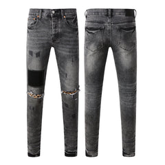 Purple Jeans Men Streetwear Jeans Distressed Grey Ripped Patch Leopard Skinny 9102