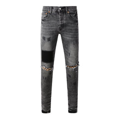 Purple Jeans Men Streetwear Jeans Distressed Grey Ripped Patch Leopard Skinny 9102