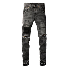 Purple Jeans Men Streetwear Jeans Distressed Grey Ripped Patch Leopard Skinny 9102