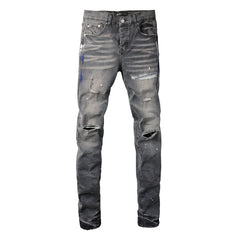 Purple Men Streetwear Distressed Grey Skinny Jeans with Color Paint Splatter and Knee Rips 9107