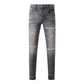 Purple Men Streetwear Distressed Grey Skinny Jeans with Color Paint Splatter and Knee Rips 9107