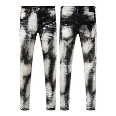 Purple Men Streetwear Skinny Jeans Black and White Graffiti Wash with Multi Color Paint Splash PU9111
