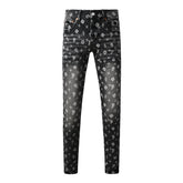 Purple Men Classic Street Skinny Jeans Dark Grey Monogram Print All Over Distressed Style PU9112