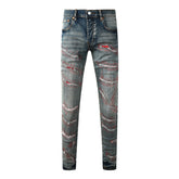 Purple Men’s Dark Blue Slim Fit Jeans with Heavy Distressed Red Patchwork Details for Edgy Streetwear Style 9114