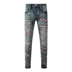 Purple Men’s Dark Blue Slim Fit Jeans with Heavy Distressed Red Patchwork Details for Edgy Streetwear Style 9114