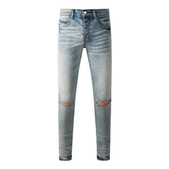 Purple Men Streetwear Skinny Jeans Light Blue with Rhinestone Studs and Distressed Details PU9119