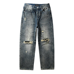 Purple Jeans Mens Designer Washed Blue Jeans Loose Fit with Crystal Embellishment and Edgy Ripped Look 9131
