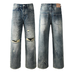Purple Jeans Mens Designer Washed Blue Jeans Loose Fit with Crystal Embellishment and Edgy Ripped Look 9131