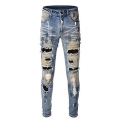 Purple jeans Men's Blue Jeans with Black Patches, Distressed Paint, and Ripped Details (523-6523)