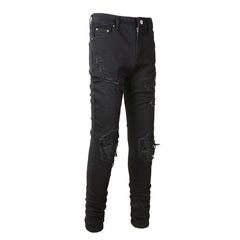 Purple Jeans Men's Slim Fit Black Jeans with Wrinkled Details, Patches, and Ripped Design (602-8520)