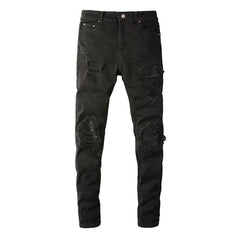 Purple Jeans Men's Slim Fit Black Jeans with Wrinkled Details, Patches, and Ripped Design (602-8520)