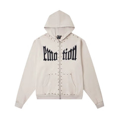 Mixed Emotions Off‑White Studded Gothic Text Zip Hoodie