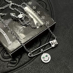 Chrome Hearts silver full diamond smiley face brooch necklace
