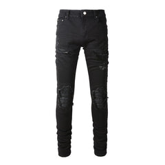 Purple Jeans Men's Slim Fit Black Jeans with Wrinkled Details, Patches, and Ripped Design (602-8520)