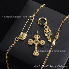 Chrome Hearts gold diamond cross flame sword necklace