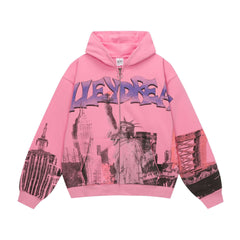 Vale Forever Cityscape Graphic Zip-Up Hoodie Pink