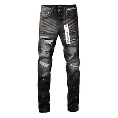 Purple Jeans Mens New Black Grey Jeans - Urban Style with Unique Ripped Patches 9018