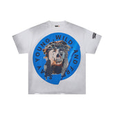 Roughplay Stay Young Wild Hybrid Skull‑Portrait Blue Circular Badge Distressed Tee