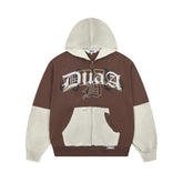 DUAA Two‑Tone Patchwork Distressed Gothic Logo Zip‑Up Hoodie