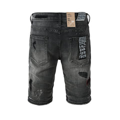 Purple jeans Men's Washed Black Distressed Denim Shorts with Graffiti Patchwork and Urban Street Style Detailing 2009
