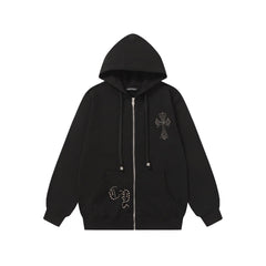 Chrome-Hearts Rhinestone Cross Hoodie - Black Gothic Streetwear Sweatshirt 2633