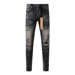 Purple Jeans Street Style Black Ripped Jeans with Frayed Knee Accents 3027
