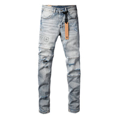 Purple Jeans Edgy Streetwear Men’s Light Blue Ripped Skinny Jeans with Futuristic Symbol Graphic Patches and Heavy Distressing 3048