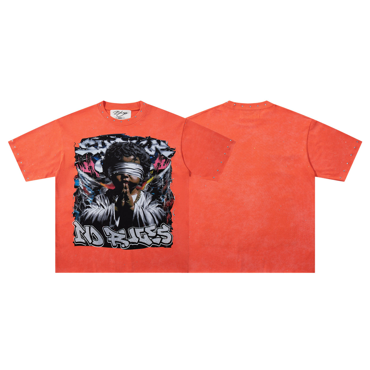 BKYS Praying Angel Rhinestone Orange Oversized T-Shirt