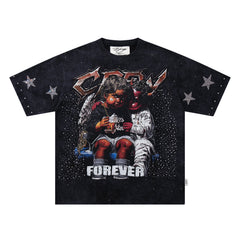 BKYS Angel Devil Kids Star Rhinestone Black Washed Oversized Graphic T-Shirt