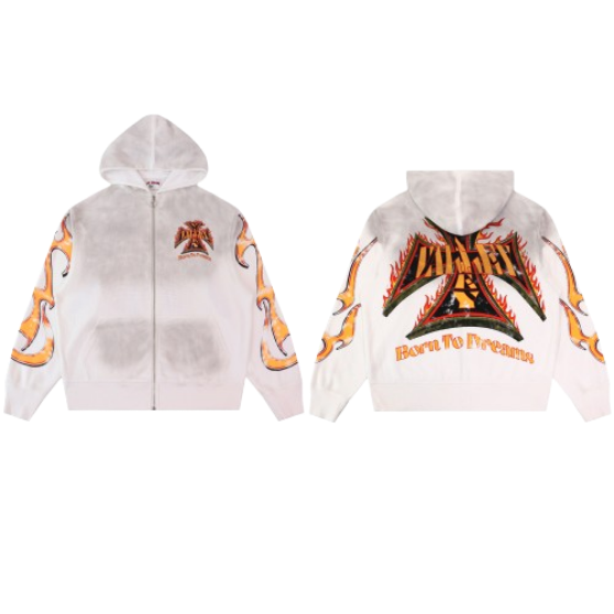Vale Forever Born To Dreams Flame Graphic Zip‑Up Hoodie White